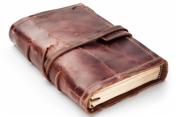 A timeless, classic brown leather journal with strap closure captured on a white background, showcasing aged texture and craftsmanship - obrazy, fototapety, plakaty