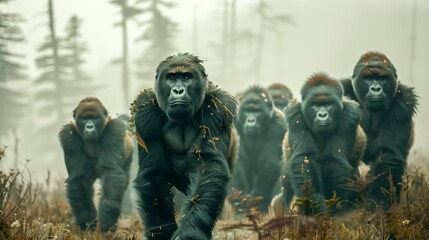 Group of gorillas are running through a forest. Concept of wildness and freedom, as the gorillas are running and playing in their natural habitat - obrazy, fototapety, plakaty
