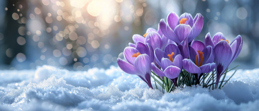 A tight cluster of purple crocuses emerge from the snow as the early morning sun highlights their beauty