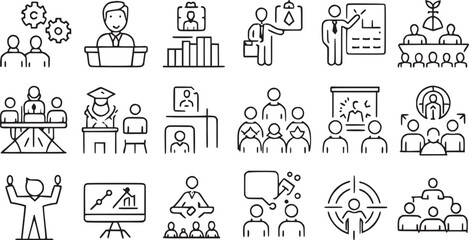 Various types of icons set such as training, coaching, mentoring, education, meeting, conference, teamwork. Vector collections.