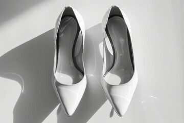 A chic pair of white high heel shoes on a shadowy background, showing sophistication and modern style