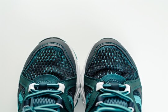 A pair of modern running shoes with a focus on the laces and fabric texture on a white background