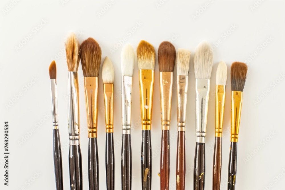 Poster a variety of paintbrushes standing upright, showcasing different sizes and types on a clean white ba