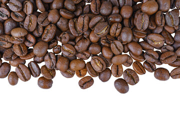 Scattering of aromatic roasted arabica coffee beans close up, macro isolated on white, transparent...