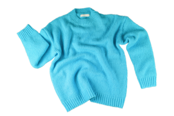 Turquoise flying crumpled women's autumn knitted sweater isolated on white, transparent background. Creative clothing concept, trendy cozy creasy jersey pullover. Fashion, sale, autumn discount