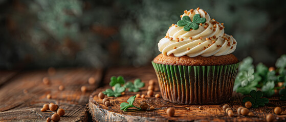 A tantalizing cupcake with green and white frosting, sprinkled with shamrock-shaped candies,...
