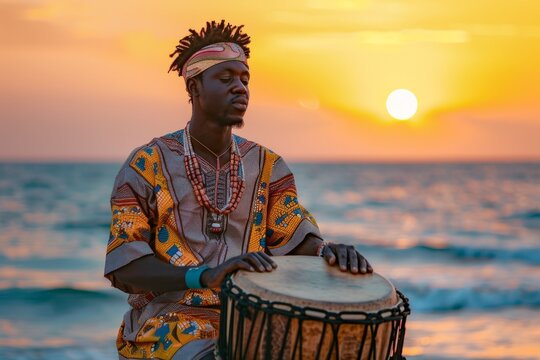 The image captures the rhythmic enjoyment of an African drummer playing by the ocean at golden hour, reflecting cultural joy