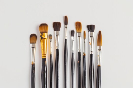 This image displays a wide array of paintbrushes that vary in bristle type and handle design, set against a white backdrop
