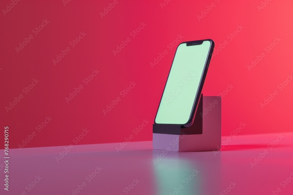 Poster Modern smartphone with a blank screen resting on a simple stand against a bold red backdrop, highlighting potential content