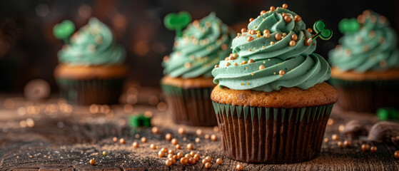 Multiple cupcakes with luxurious green icing and festive St Patrick's Day decorations presented on a rustic table - obrazy, fototapety, plakaty