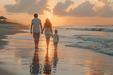 Happy Family on Summer Holiday Vacation on the Beach by the Ocean