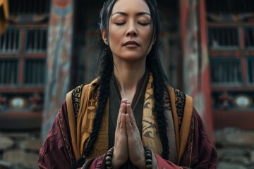 Obraz premium Capturing a moment of meditation, a woman in ornate traditional dress exudes inner peace and cultural richness
