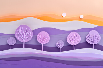 Fototapeta na wymiar Serene Earth Day landscape at dawn, featuring soft lavender and mauve paper-cut trees.