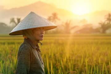 A farmer wears a conical hat while standing amidst the rice fields as the sun sets, creating a serene scene - obrazy, fototapety, plakaty