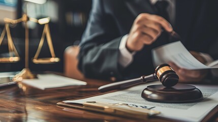 A male lawyer diligently works with contract papers and a wooden gavel in the courtroom, highlighting the justice and law concept - obrazy, fototapety, plakaty