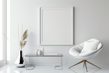 Sleek interior featuring white frame mockup on glass table, stylish chair, and metallic-accented vase.