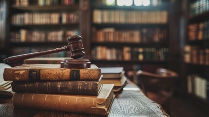 A simple setting of a gavel and books on a table evokes the essence of judicial proceedings - obrazy, fototapety, plakaty