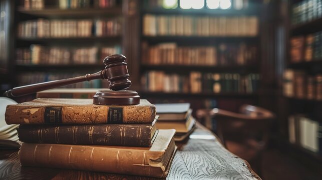 A simple setting of a gavel and books on a table evokes the essence of judicial proceedings