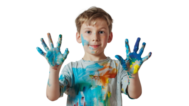 Portrait of a child with hands dirty from paint