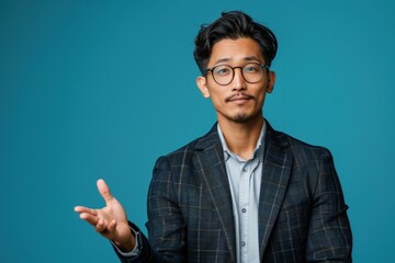  Asian businessman wearing semi-formal suit and presenting gesture to empty space on blue background