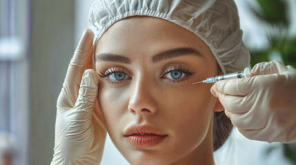 Beauty specialist injects neurotoxin or dermal filler in crows feet or upper eyelid. Close up woman's head in white cap and doctor's hands in gloves. Aesthetic face skin eye wrinkle treatment concept