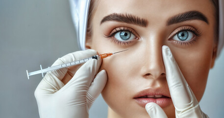 Beauty specialist injects neurotoxin or dermal filler in crows feet or upper eyelid. Close up woman's head in white cap and doctor's hands in gloves. Aesthetic face skin eye wrinkle treatment concept - 768291534