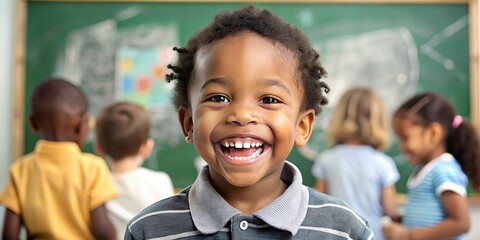 Cheerful Smiling Child at the Blackboard in School Classroom