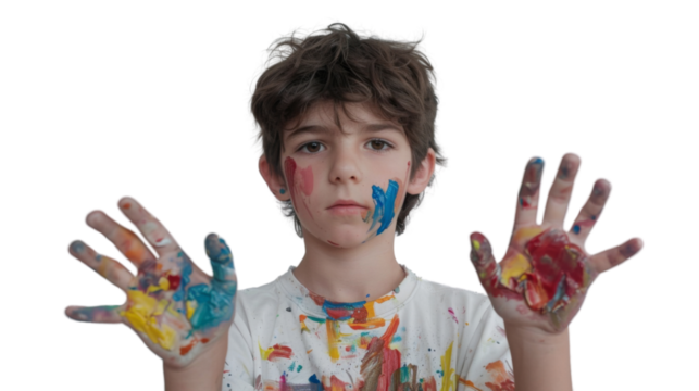 Portrait of a child with hands dirty from paint