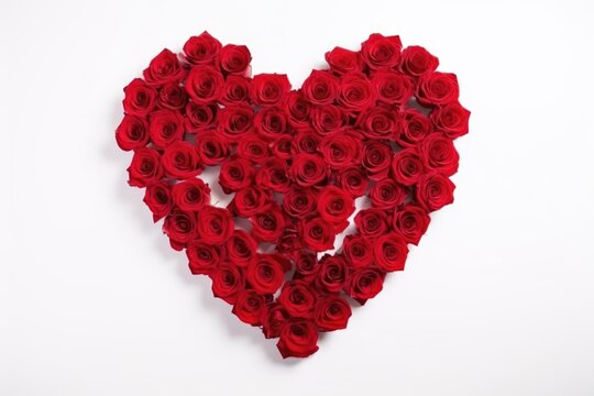 A heart-shaped arrangement of fresh red roses on a white background symbolizing love and romance. Red Rose Heart-Shaped Arrangement on White
