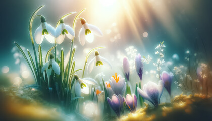 Fototapeta na wymiar Spring Awakening in a Radiant Flower Field at Dawn