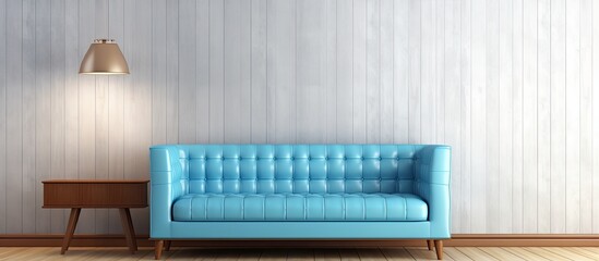 A living room with a rectangular blue couch, electric blue lamp, and hardwood flooring. The office supplies and equipment are made of wood