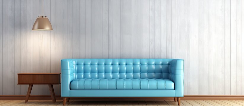 A living room with a rectangular blue couch, electric blue lamp, and hardwood flooring. The office supplies and equipment are made of wood