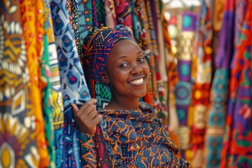 A cheerful African woman standing amidst colorful African textiles, smiling brightly - obrazy, fototapety, plakaty