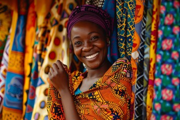 Smiling African woman lovingly holding a vibrant traditional textile in a local market - obrazy, fototapety, plakaty