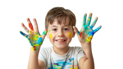 Portrait of a child with hands dirty from paint