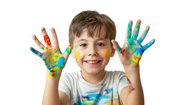 Portrait of a child with hands dirty from paint