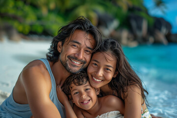 Obraz premium Happy Asian Family on Summer Holiday Vacation on the Beach by the Ocean