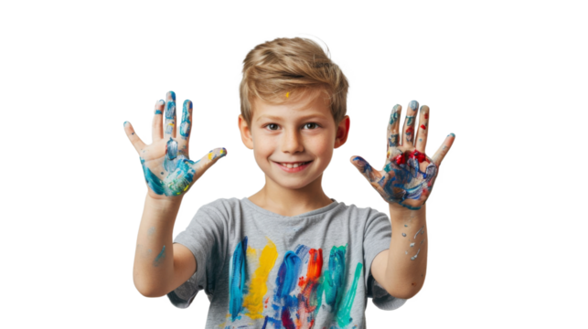 Portrait of a child with hands dirty from paint