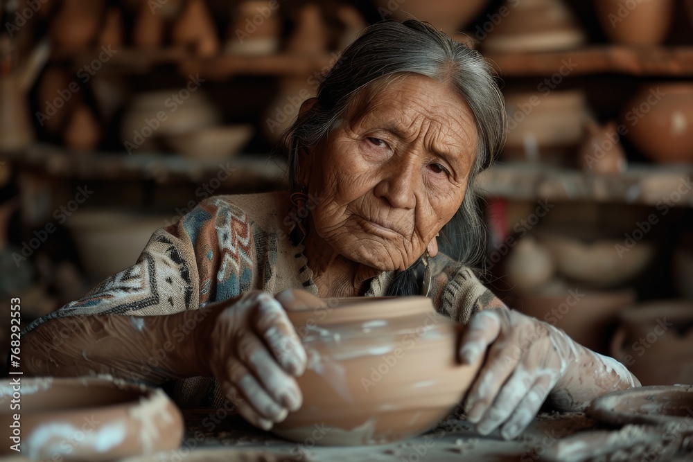 Poster elderly woman potter creating ceramic pottery with focus and precision in a rustic pottery workshop