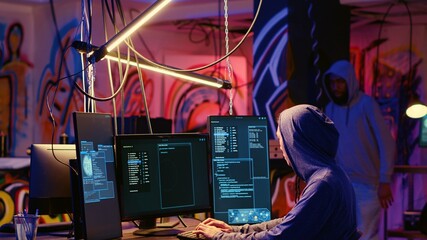 Hackers in underground hideout discussing technical knowhow details before using bugs and exploits...