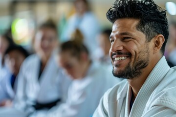 A candid shot showcasing the discipline and focus of a martial artist deep in training amidst peers in a dojo
