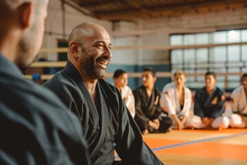 High-quality image featuring a group of martial artists sitting in a row inside a dojo, demonstrating respect and discipline