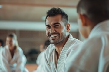 Smiling male martial arts instructor engaging with students in a bright dojo