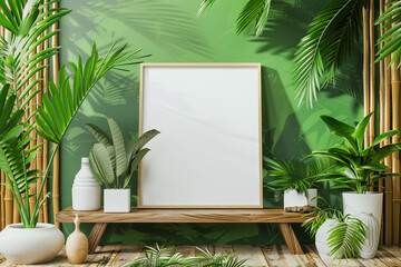Vibrant tropical setting with bamboo pieces, greenery, and white empty frame mockup on the wall.