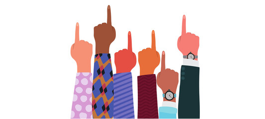 Multiethnic Diverse Hands Raised Up isolated white background vector illustration 