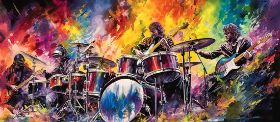 A painting of a band playing with colorful drums and guitars