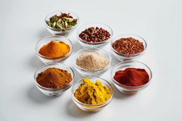 An array of vibrant, colorful spices and herbs presented in transparent glass bowls