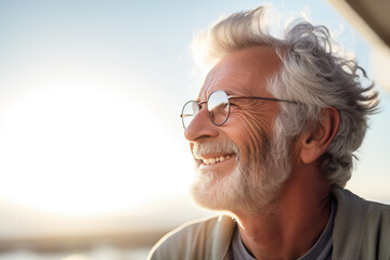 Elderly man with joyful expression, reflecting on life's pleasures in the warm glow of the setting sun.