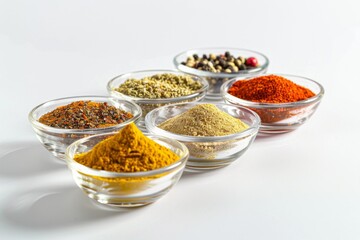 Vividly colored spices like turmeric, paprika, and black pepper presented in transparent bowls, creating a visually appealing assortment