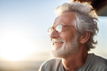 Elderly man with joyful expression, reflecting on life's pleasures in the warm glow of the setting sun.